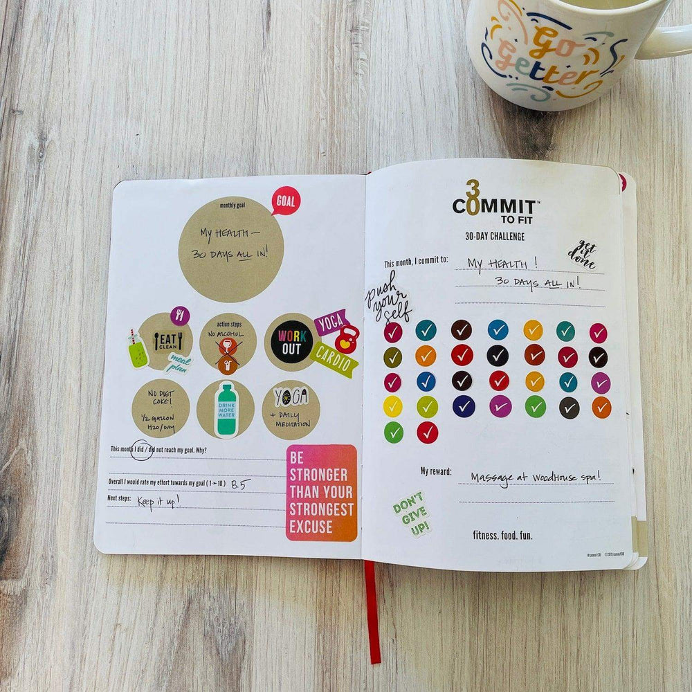 A filled-in 30-day challenge with colorful check stickers