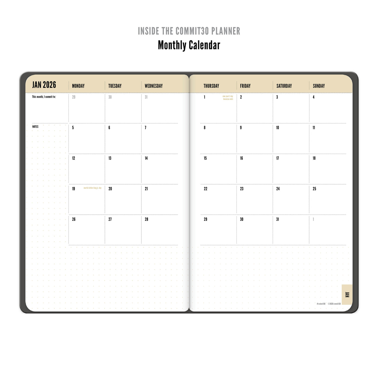 2026 Planner monthly calendar page from a planner showing January 2026.