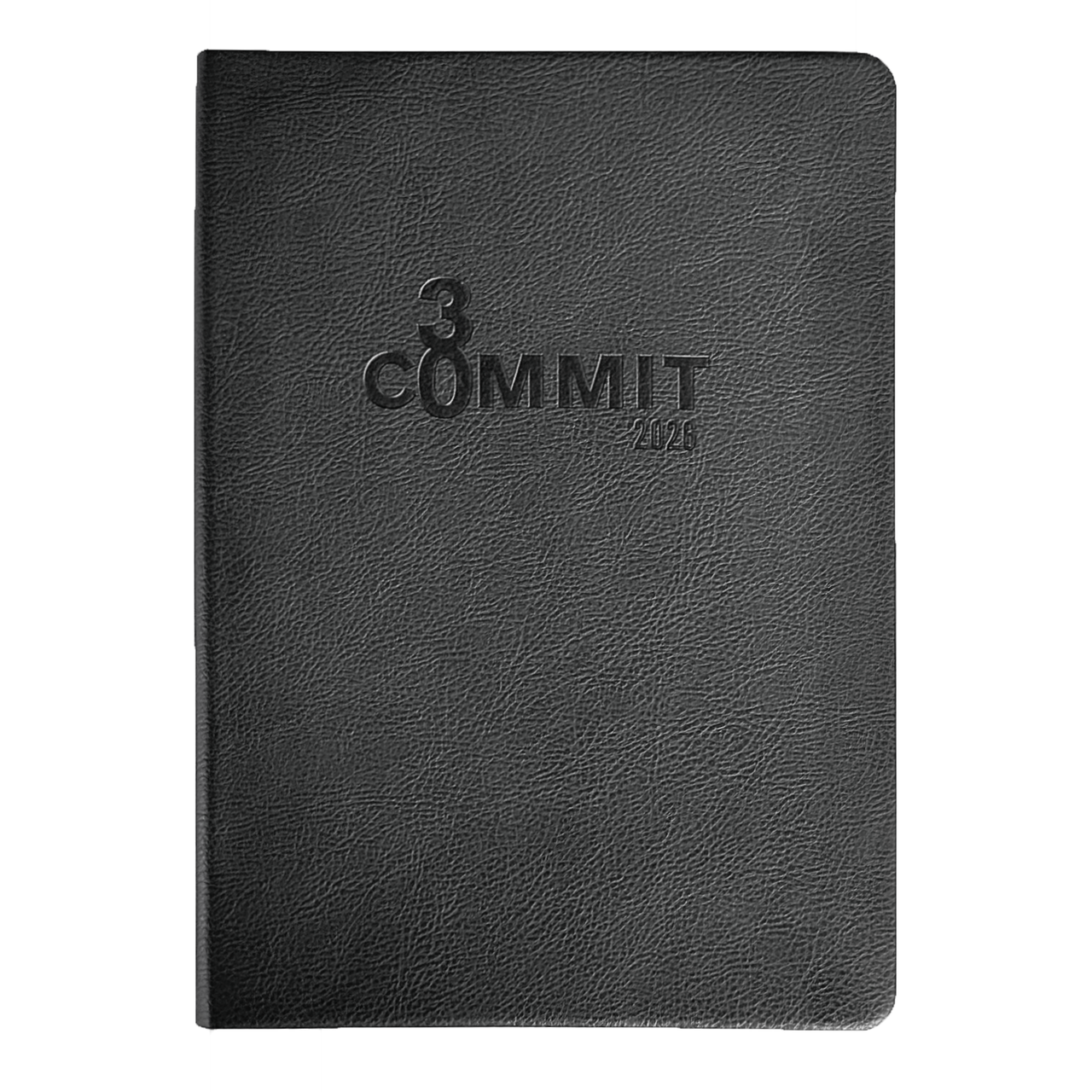 2026 Planner - Black planner with 'COMMIT30' branding on a white background