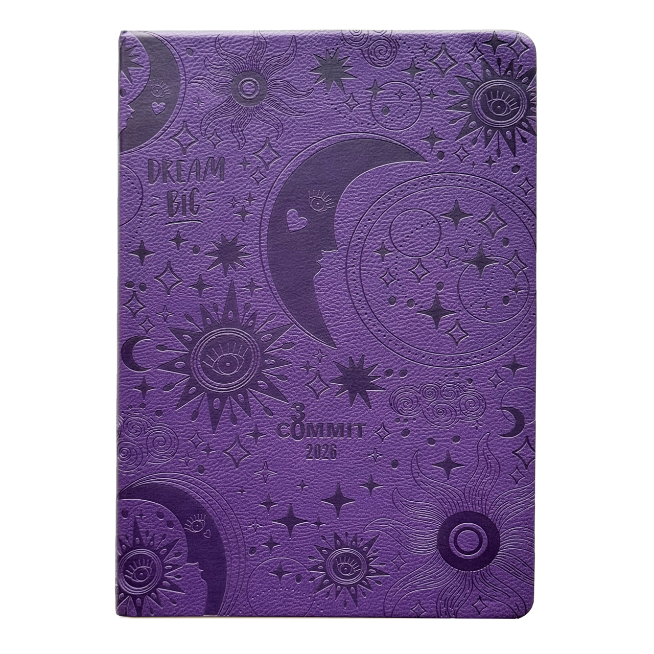 2026 Planner - Purple planner with celestial designs and 'Dream Big' text on a white background