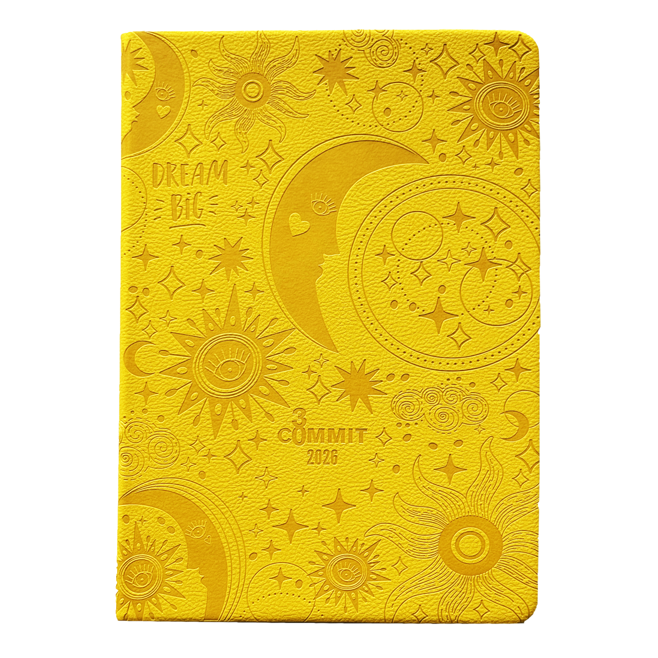 2026 Planner - Yellow planner with celestial designs and 'Dream Big' text on a white background